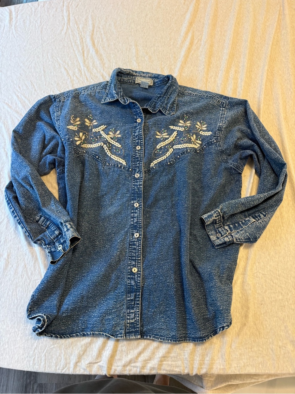 Jane Ashley Blue Denim Button-Down Shirt with Beaded Detail